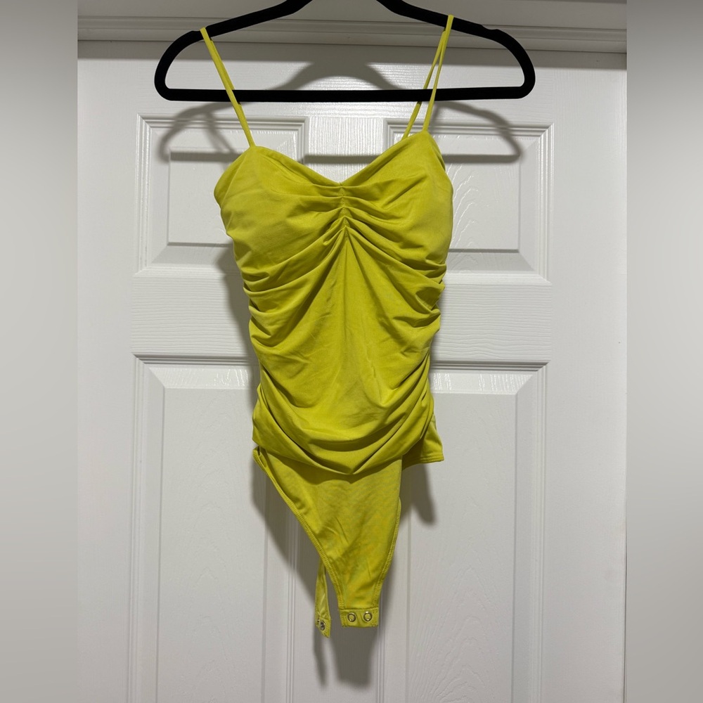 Express Yellow/green Ruched Spaghetti-Strap Bodysuit